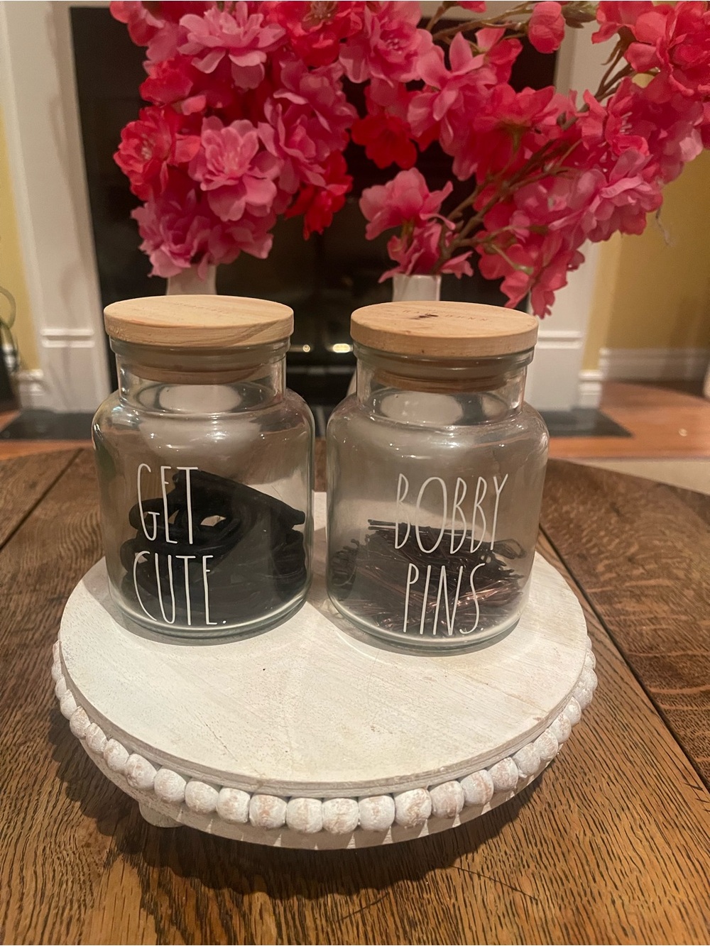 Rae Dunn Glass Storage Jars with Wooden Lids - "Get Cute" and "Bobby Pins"